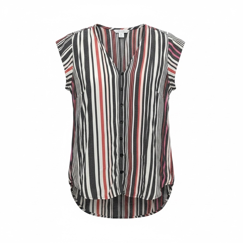 Liz Claiborne Womens Medium Cap Sleeve Striped Button Down Blouse Navy Red Pink